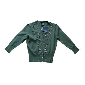 Apostrophe Sweater Womens Small Petite (6-8) Green Embellished 1/2 Sleeve NWT